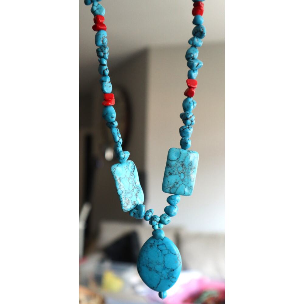 Vintage 90s Y2K Faux Turquoise Pebble Stone Pendant Teardrop Nugget Necklace - Picture 4 of 7